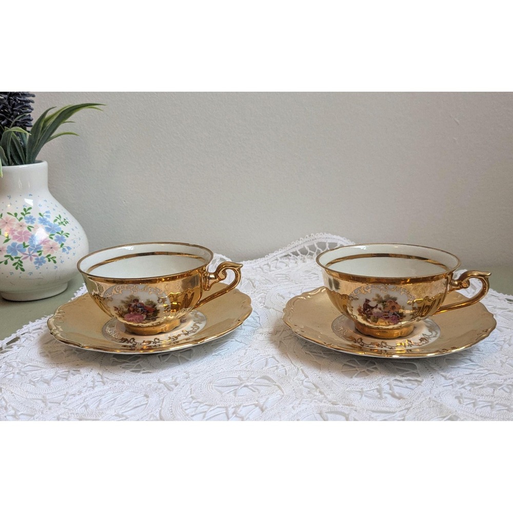 Vintage Bavaria Germany Cups and Saucers, Coordinating Mismatched Set of 2